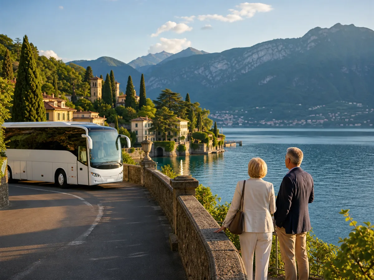 Mature travellers beside a premium coach overlooking Lake Como